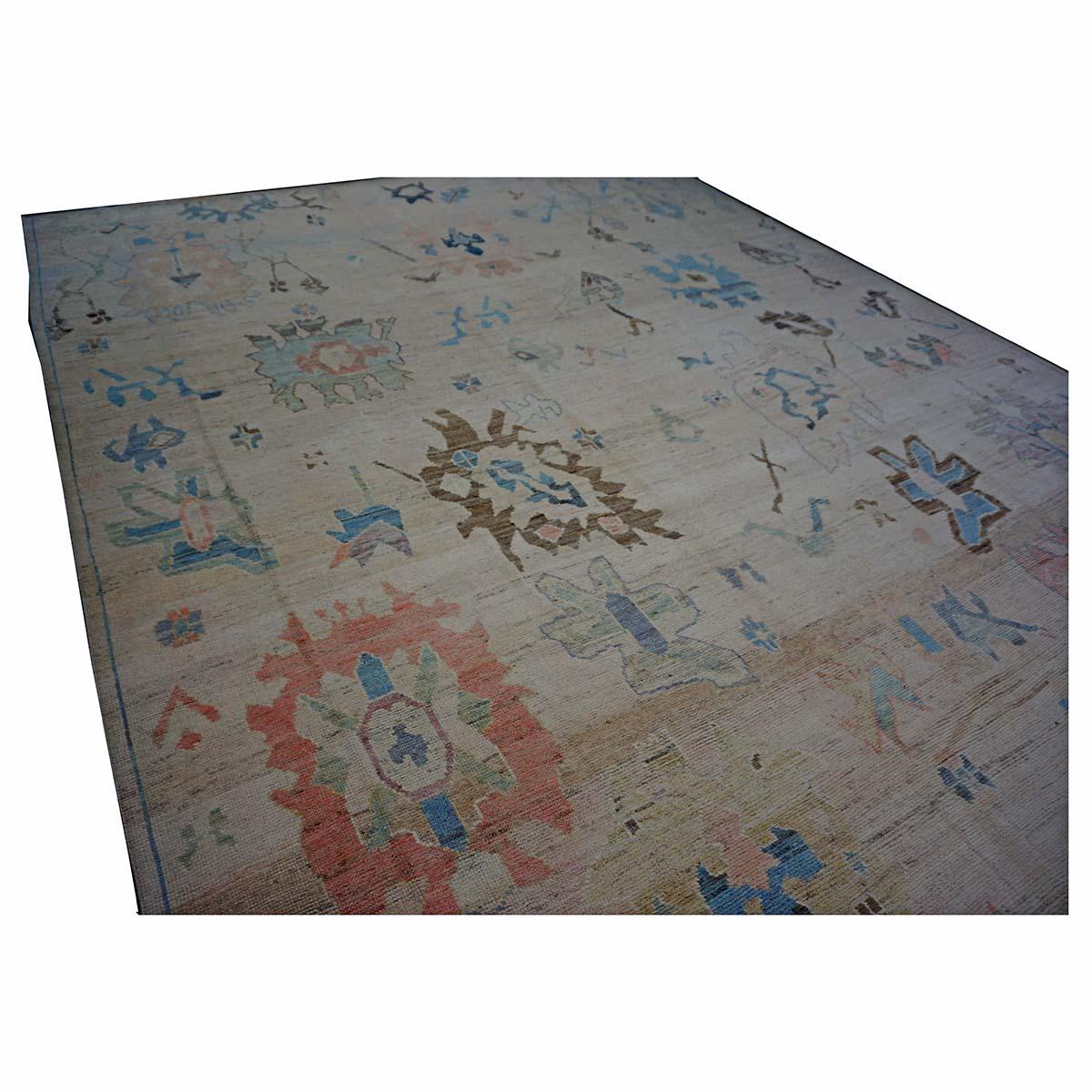 Türkischer Oushak 11X15 Elfenbein, Braun & Schieferblau Handgefertigter Läufer des 21. Jahrhunderts (Handgewebt) im Angebot