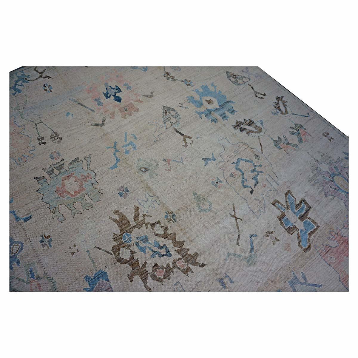 Türkischer Oushak 11X15 Elfenbein, Braun & Schieferblau Handgefertigter Läufer des 21. Jahrhunderts (21. Jahrhundert und zeitgenössisch) im Angebot
