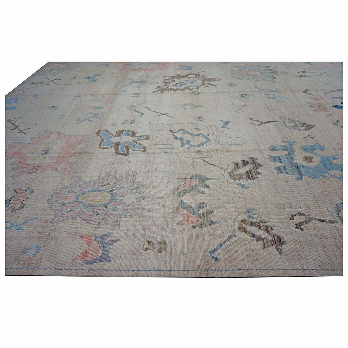 Türkischer Oushak 11X15 Elfenbein, Braun & Schieferblau Handgefertigter Läufer des 21. Jahrhunderts (Wolle) im Angebot