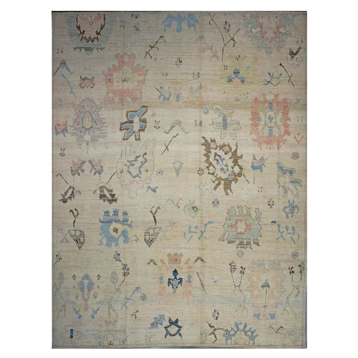 Türkischer Oushak 11X15 Elfenbein, Braun & Schieferblau Handgefertigter Läufer des 21. Jahrhunderts