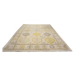 Turkish Oushak Wool 11x15 Ivory, Yellow, Charcoal & Green Handmade Area Rug