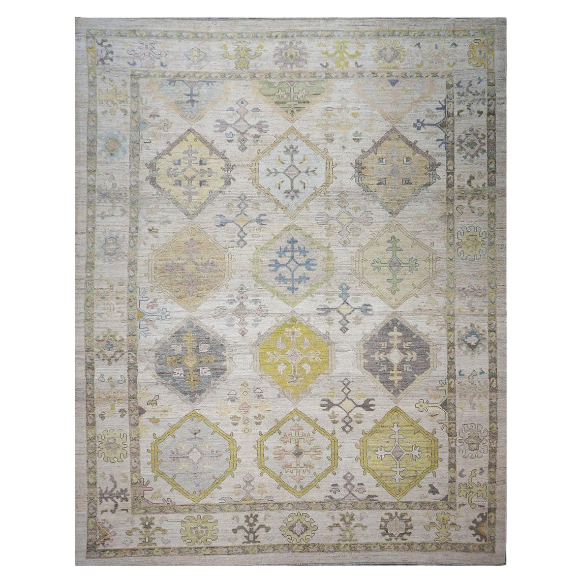 21st Century Turkish Oushak 11x15 Ivory & Olive Green Handmade Area Rug (Tapis de sol turc 11x15 ivoire et vert olive)