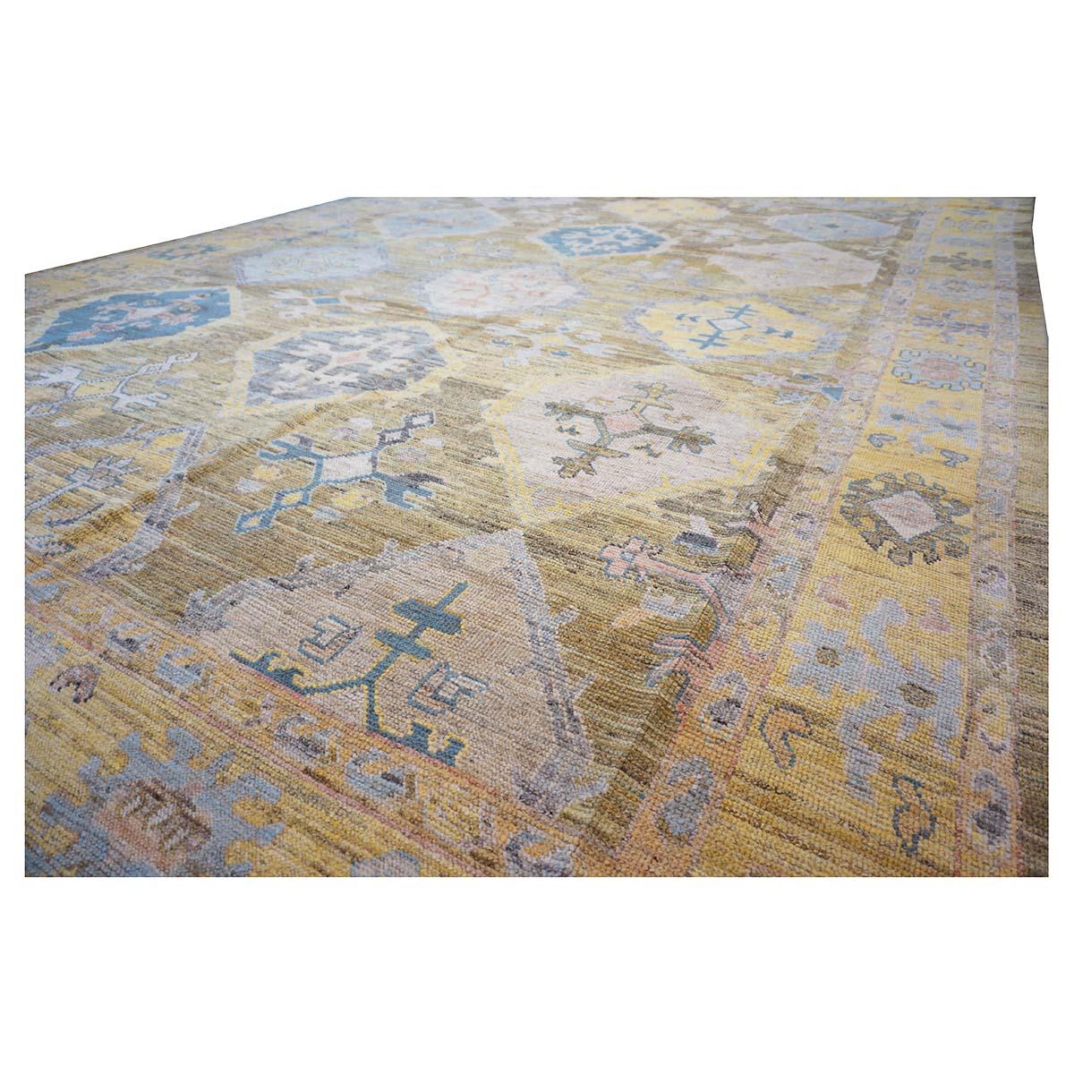 21st Century Turkish Oushak 11x17 Khaki, Olive, & Slate Blue Handmade Area Rug For Sale 4