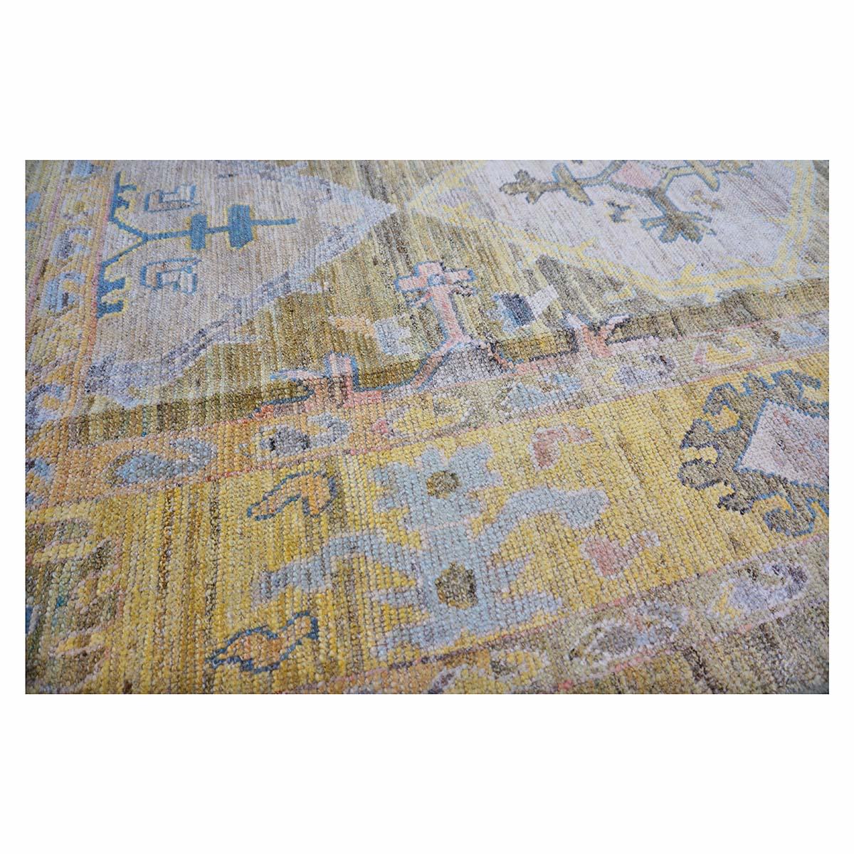21st Century Turkish Oushak 11x17 Khaki, Olive, & Slate Blue Handmade Area Rug For Sale 5