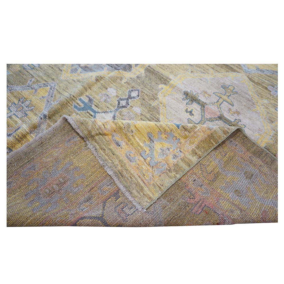 21st Century Turkish Oushak 11x17 Khaki, Olive, & Slate Blue Handmade Area Rug For Sale 7