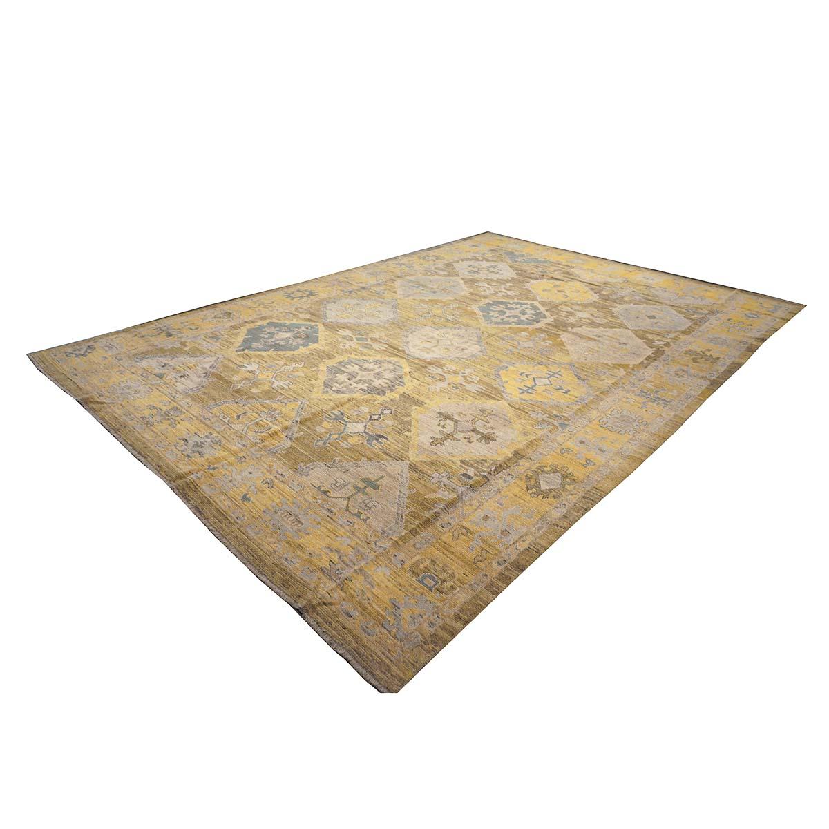 Hand-Woven 21st Century Turkish Oushak 11x17 Khaki, Olive, & Slate Blue Handmade Area Rug For Sale