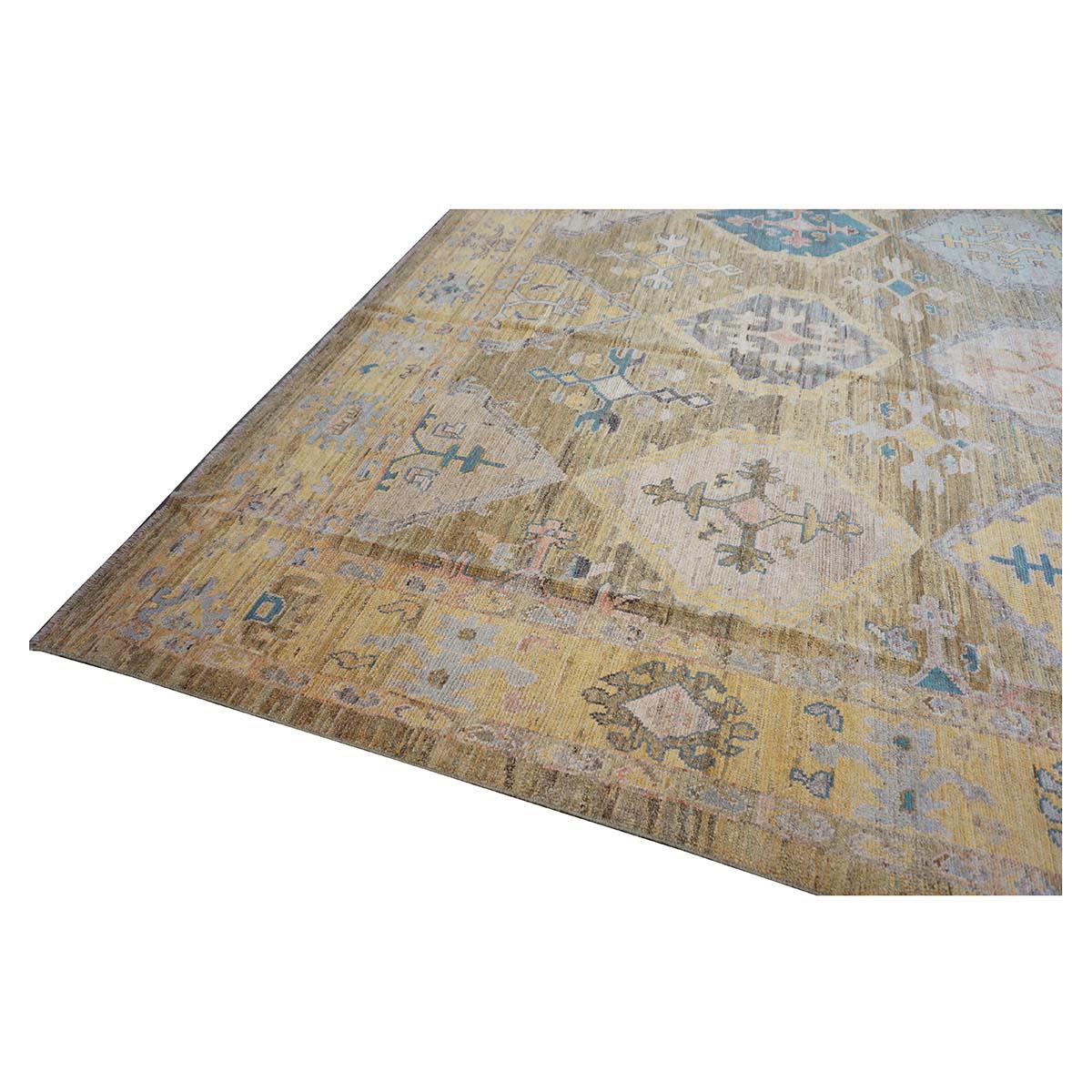 21st Century Turkish Oushak 11x17 Khaki, Olive, & Slate Blue Handmade Area Rug In Excellent Condition For Sale In Houston, TX