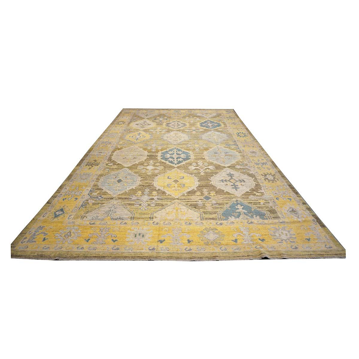 Contemporary 21st Century Turkish Oushak 11x17 Khaki, Olive, & Slate Blue Handmade Area Rug For Sale