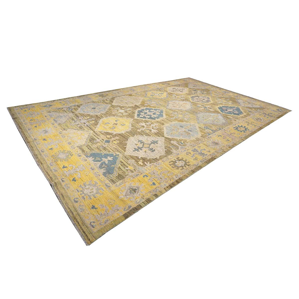 Wool 21st Century Turkish Oushak 11x17 Khaki, Olive, & Slate Blue Handmade Area Rug For Sale