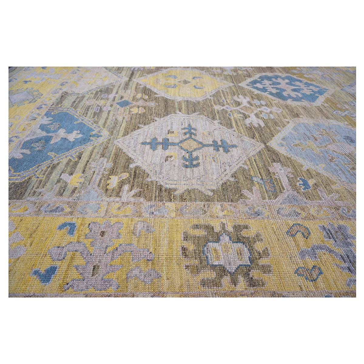 21st Century Turkish Oushak 11x17 Khaki, Olive, & Slate Blue Handmade Area Rug For Sale 1