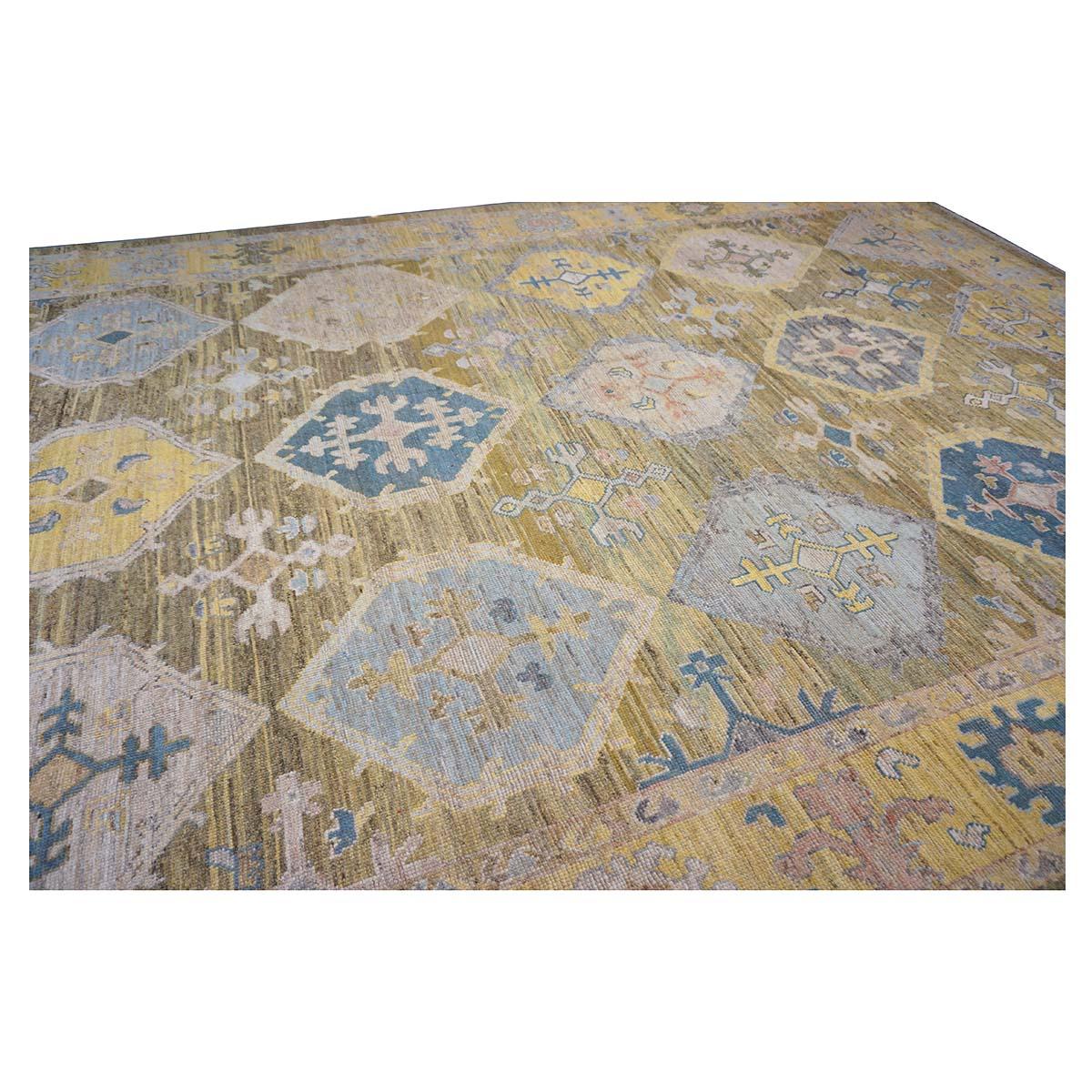 21st Century Turkish Oushak 11x17 Khaki, Olive, & Slate Blue Handmade Area Rug For Sale 2