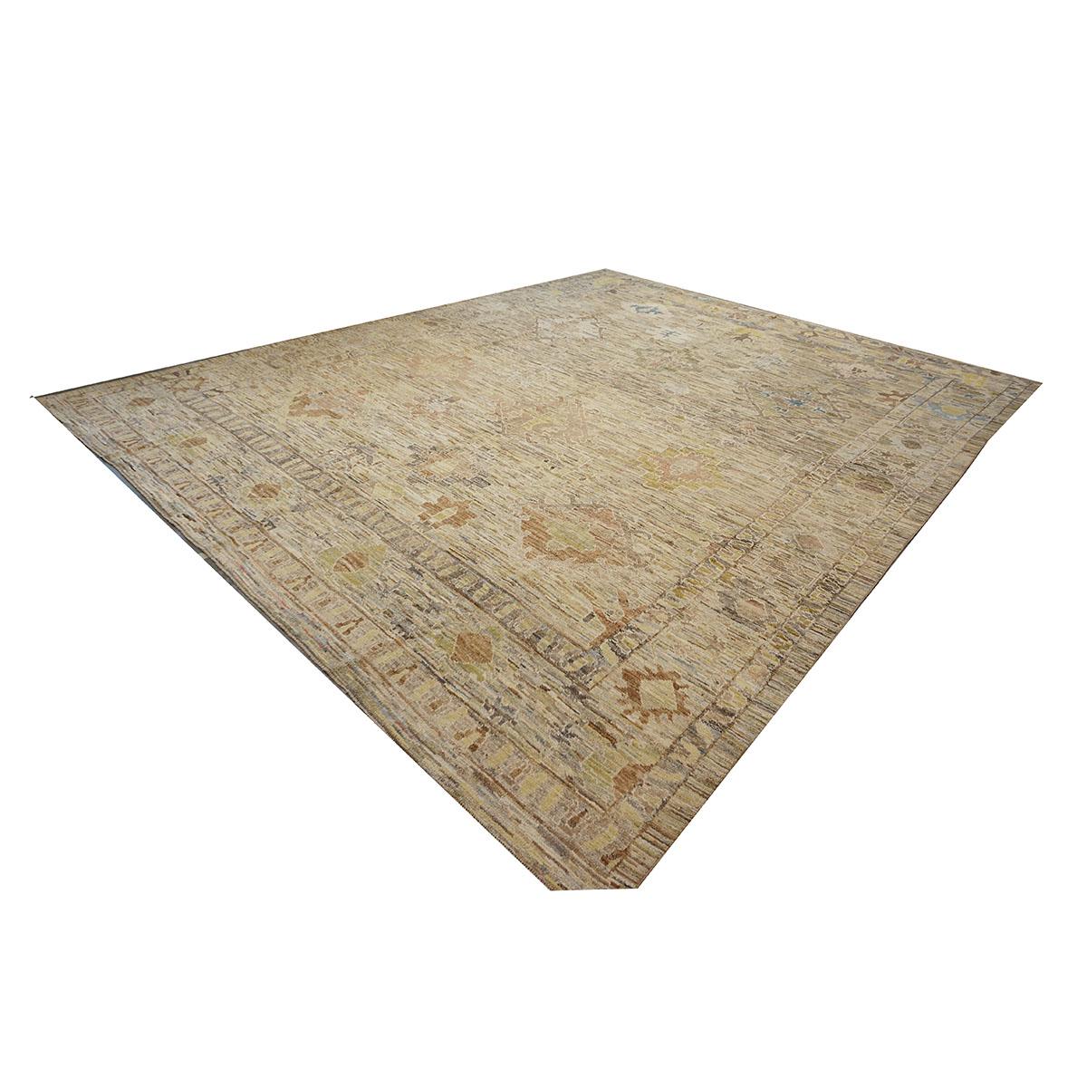 Turc 21st Century Turkish Oushak 12X15 Gold, Slate Blue& Ivory Handmade Area Rug (Tapis de sol turc 12X15 or, bleu ardoise et ivoire) en vente