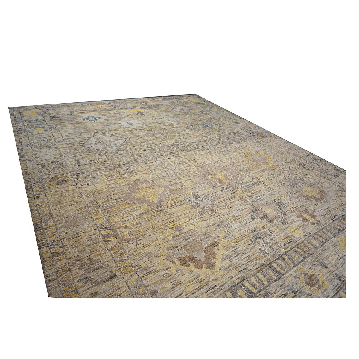 Tissé à la main 21st Century Turkish Oushak 12X15 Gold, Slate Blue& Ivory Handmade Area Rug (Tapis de sol turc 12X15 or, bleu ardoise et ivoire) en vente
