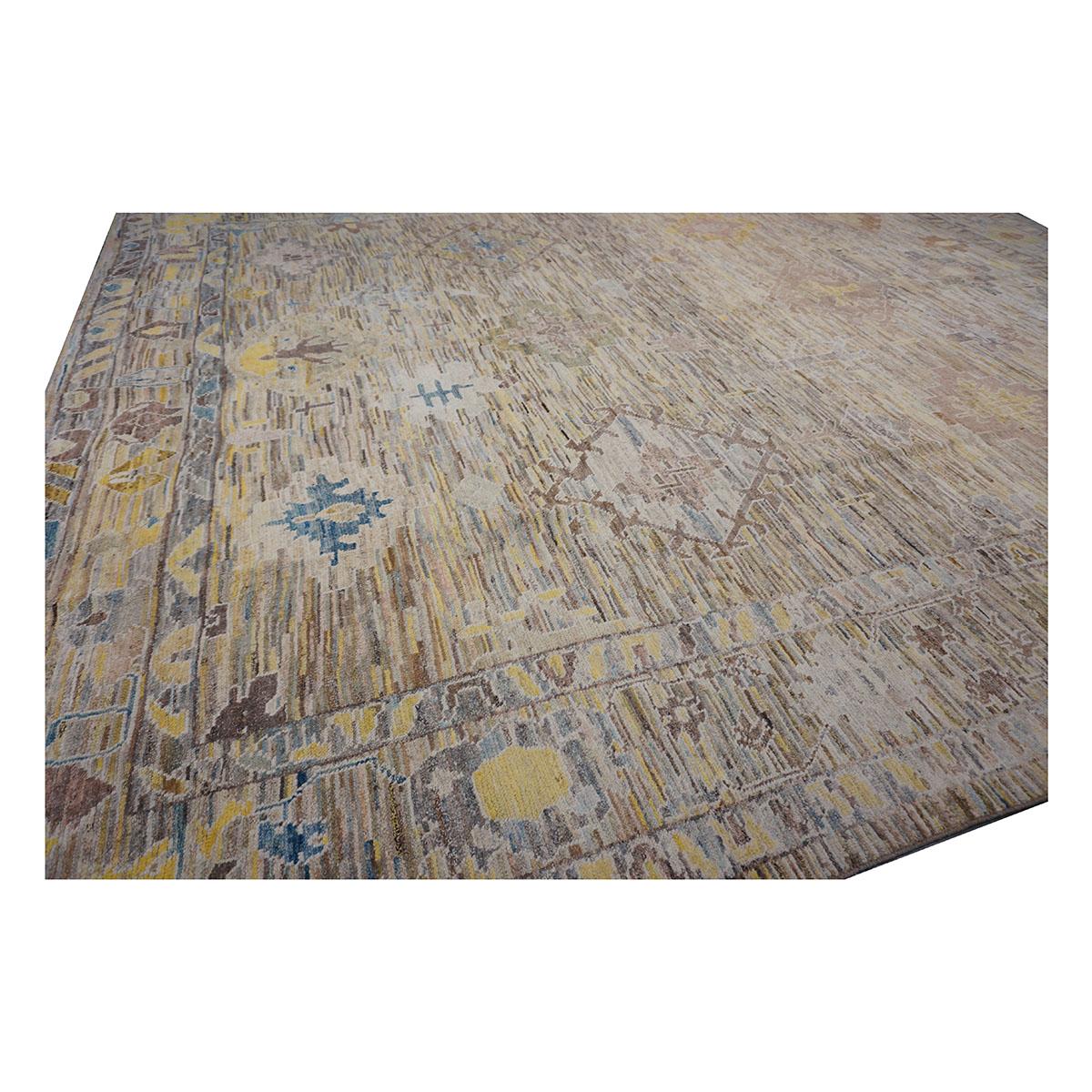XXIe siècle et contemporain 21st Century Turkish Oushak 12X15 Gold, Slate Blue& Ivory Handmade Area Rug (Tapis de sol turc 12X15 or, bleu ardoise et ivoire) en vente