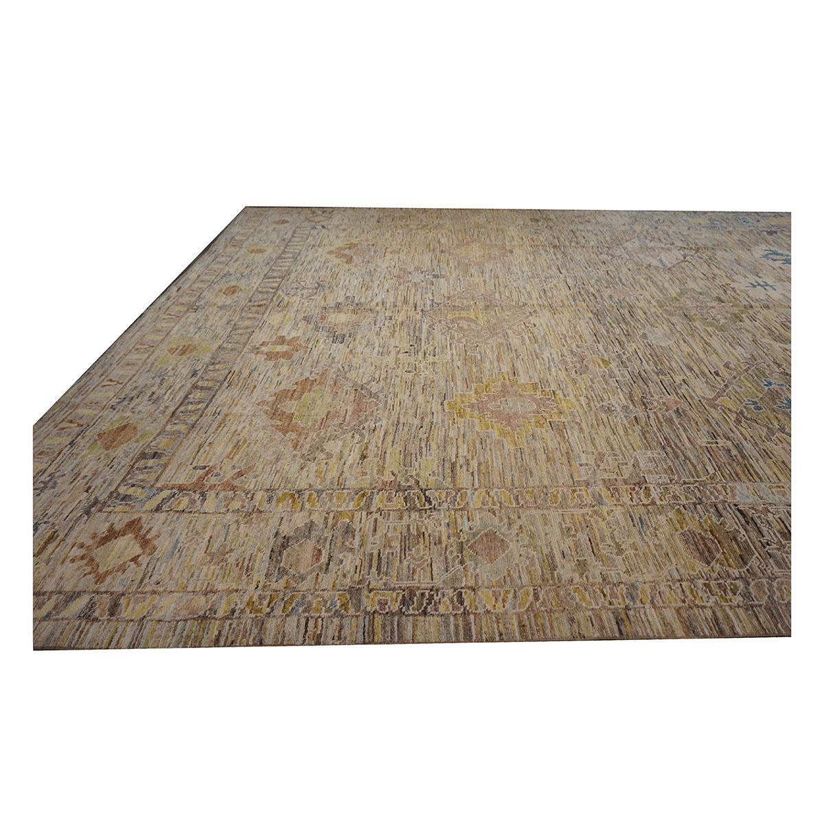 Laine 21st Century Turkish Oushak 12X15 Gold, Slate Blue& Ivory Handmade Area Rug (Tapis de sol turc 12X15 or, bleu ardoise et ivoire) en vente