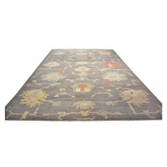 Turkish Oushak Wool 12X16 Grey, Ivory, Orange & Slate Blue Handmade Area Rug