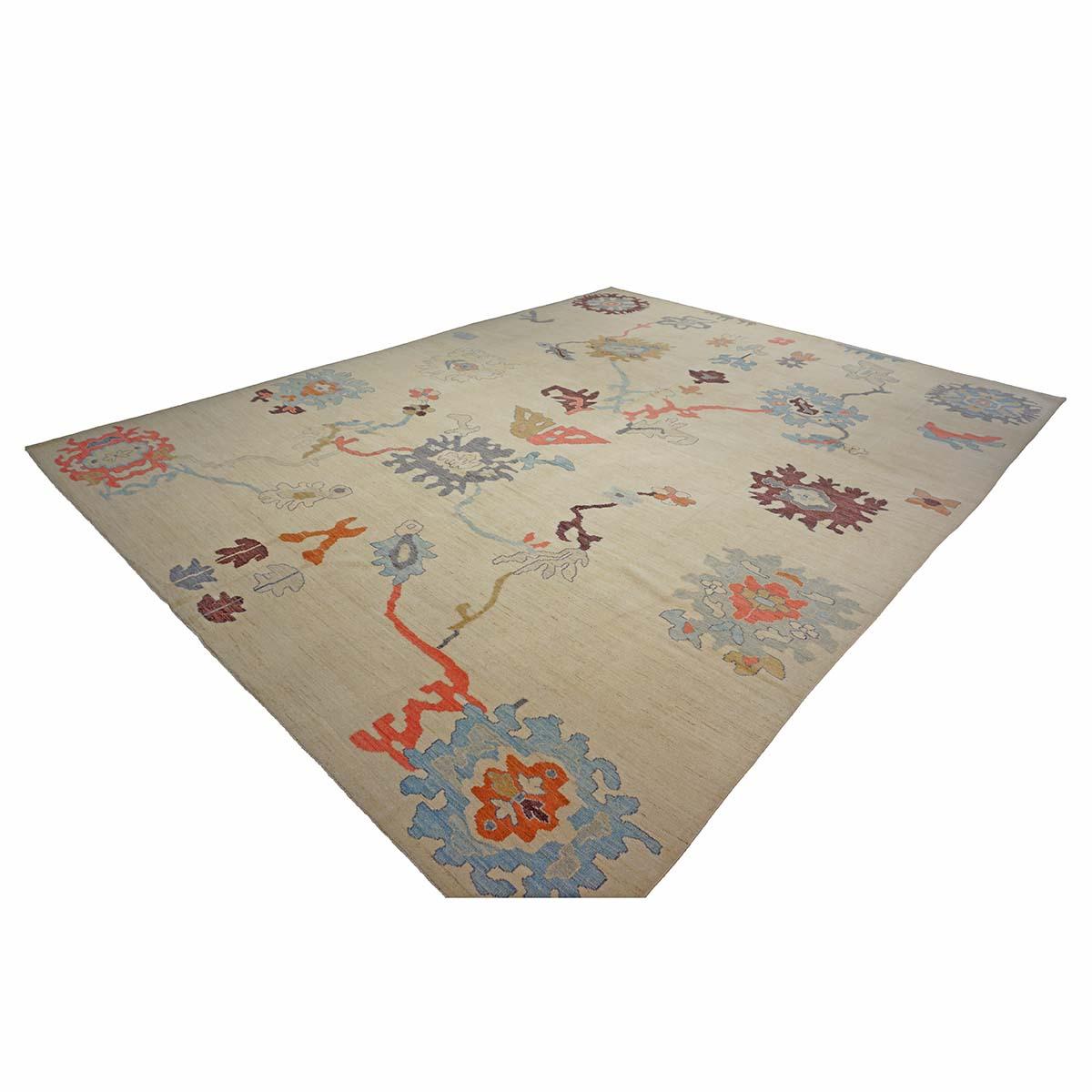 21st Century Turkish Oushak 12X16 Elfenbein, Orange & Schiefer Blau Handmade Läufer Teppich (Türkisch) im Angebot