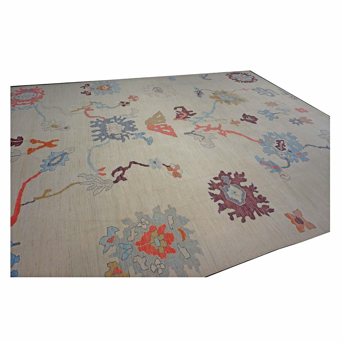 21st Century Turkish Oushak 12X16 Elfenbein, Orange & Schiefer Blau Handmade Läufer Teppich (Handgewebt) im Angebot