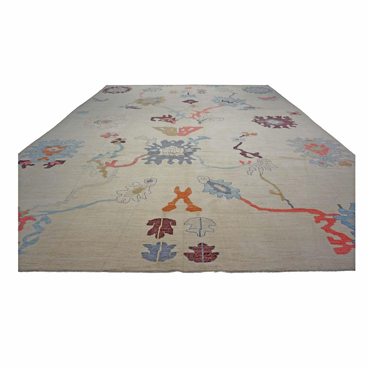 21st Century Turkish Oushak 12X16 Elfenbein, Orange & Schiefer Blau Handmade Läufer Teppich im Zustand „Hervorragend“ im Angebot in Houston, TX