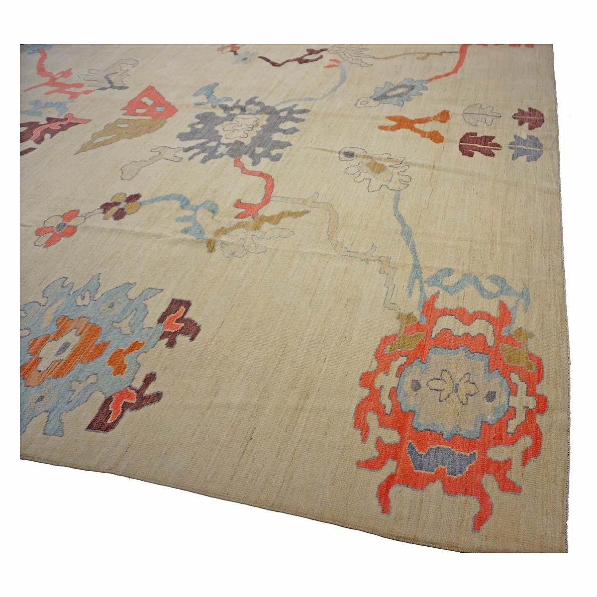 21st Century Turkish Oushak 12X16 Elfenbein, Orange & Schiefer Blau Handmade Läufer Teppich (21. Jahrhundert und zeitgenössisch) im Angebot