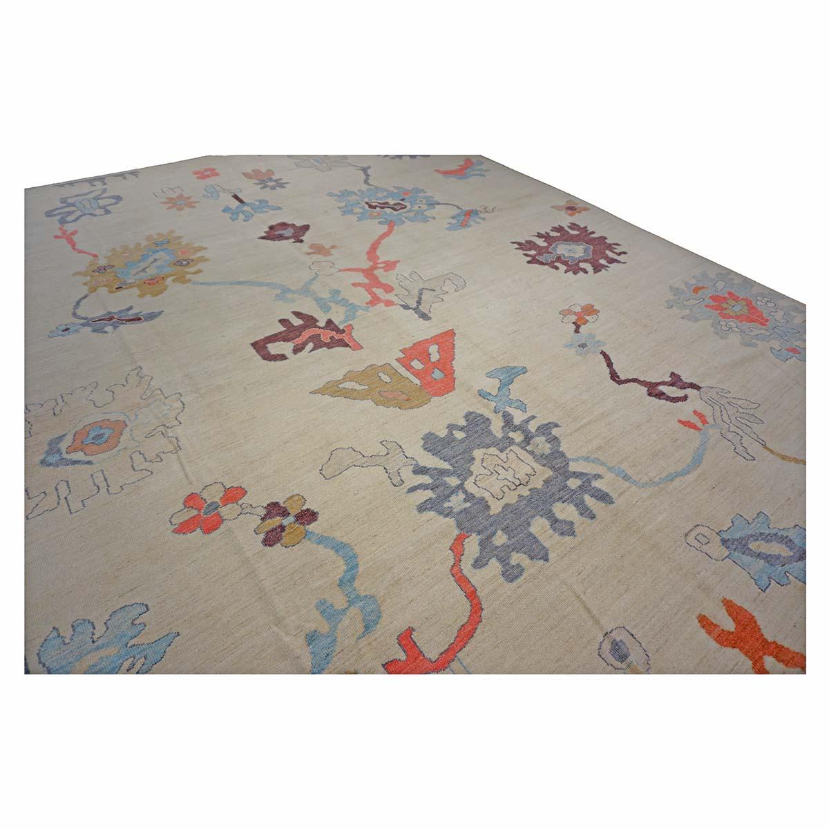 21st Century Turkish Oushak 12X16 Elfenbein, Orange & Schiefer Blau Handmade Läufer Teppich (Wolle) im Angebot