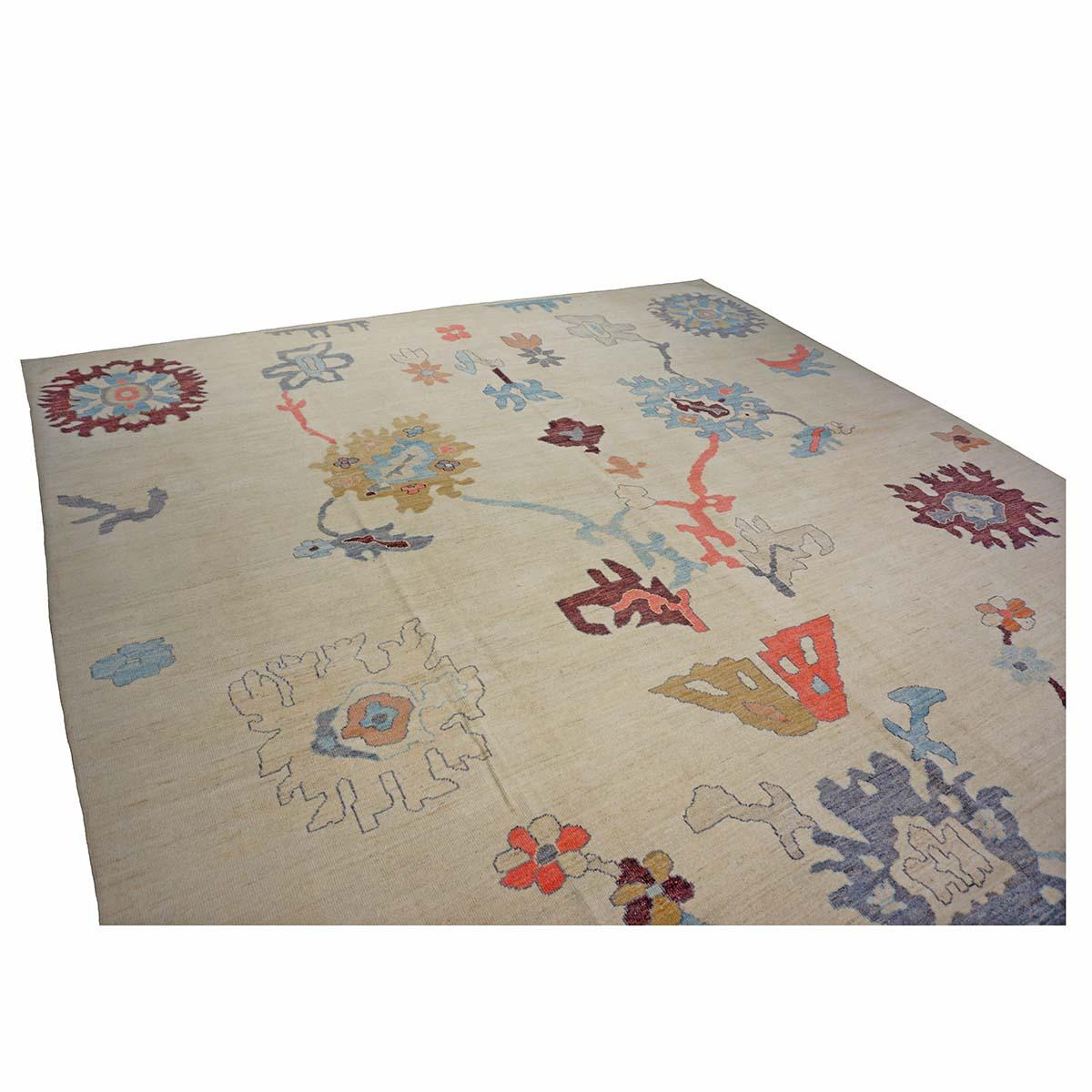21st Century Turkish Oushak 12X16 Elfenbein, Orange & Schiefer Blau Handmade Läufer Teppich im Angebot 1
