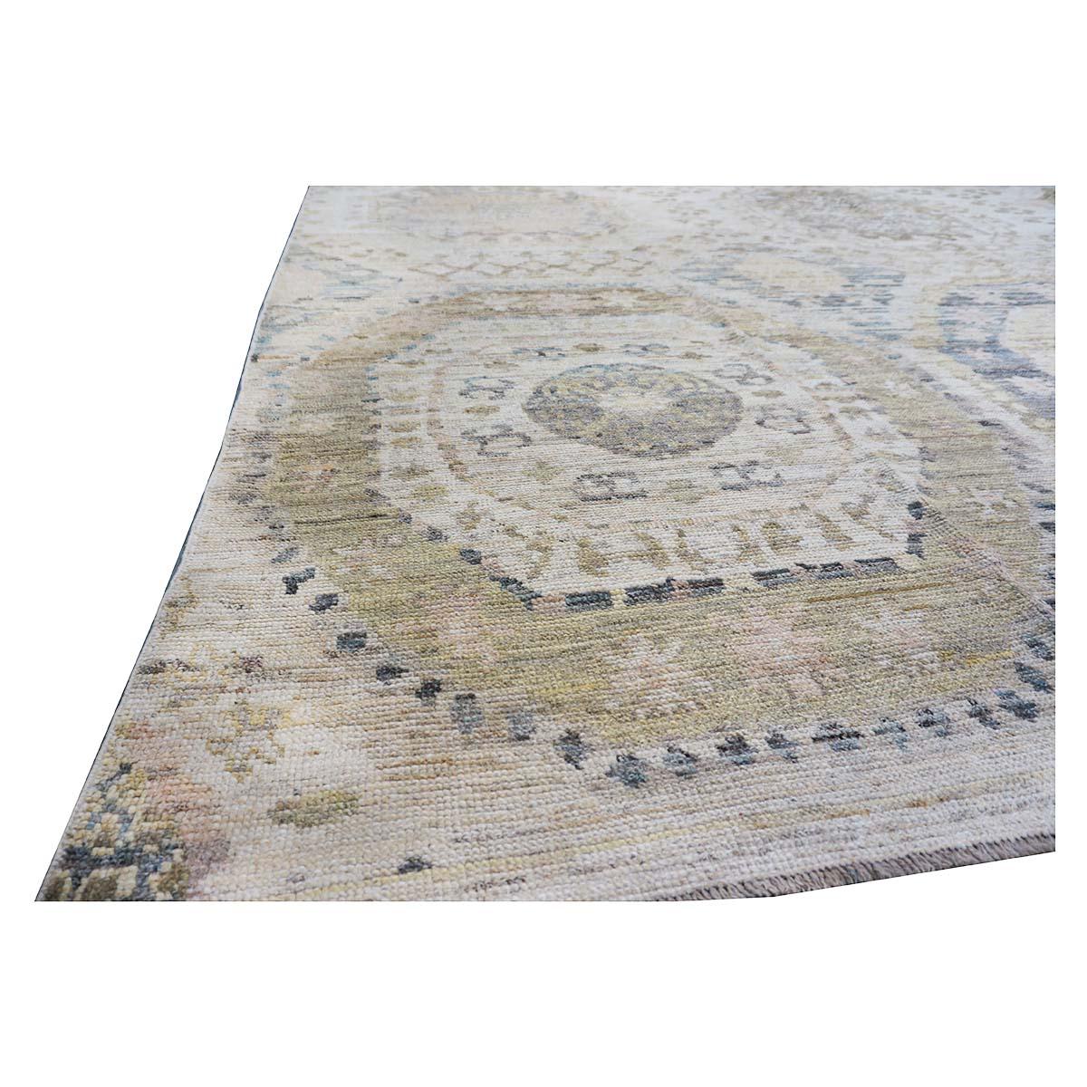 21st Century Turkish Oushak 13x15 Ivory, Olive Green, & Slate Blue Handmade Rug For Sale 6