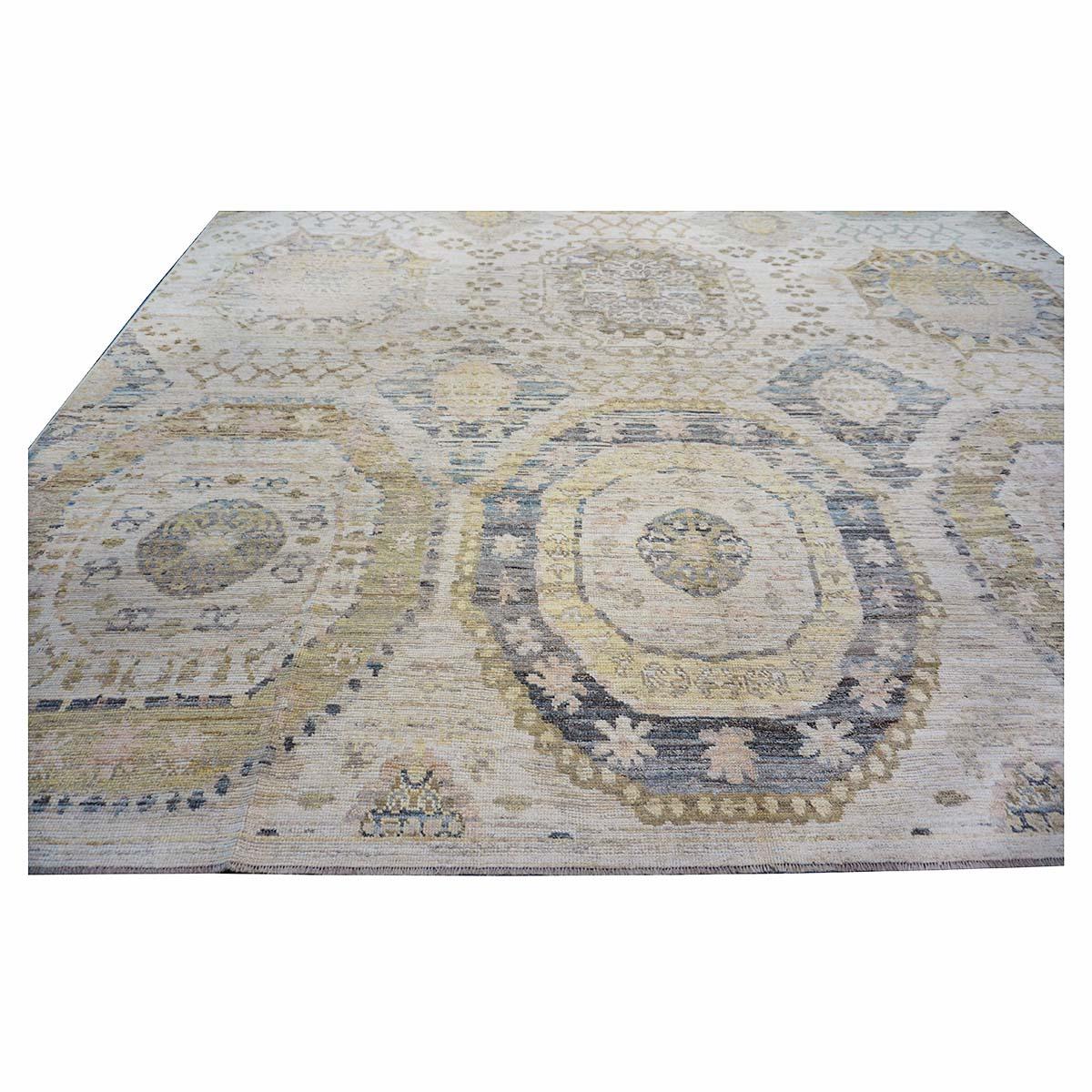 21st Century Turkish Oushak 13x15 Ivory, Olive Green, & Slate Blue Handmade Rug For Sale 7