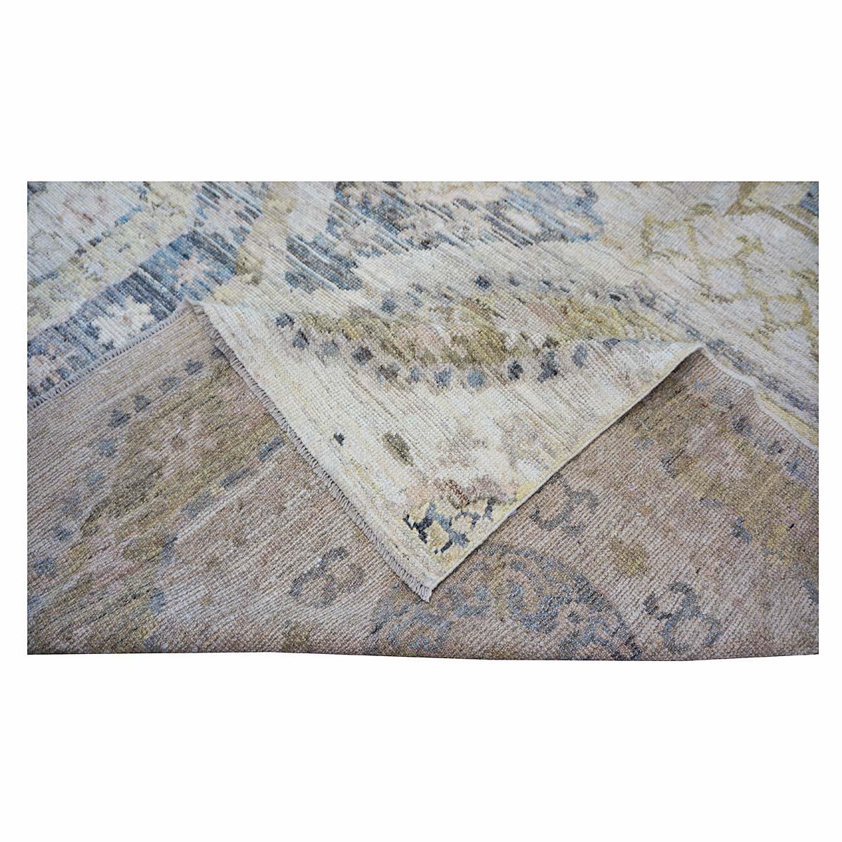 21st Century Turkish Oushak 13x15 Ivory, Olive Green, & Slate Blue Handmade Rug For Sale 10