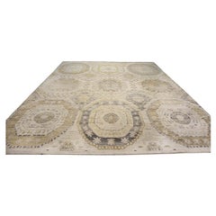 Turkish Oushak Wool 13x16 Ivory, Olive Green, & Slate Blue Handmade Area Rug