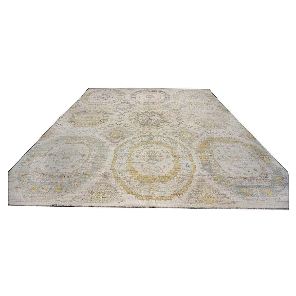 21st Century Turkish Oushak 13x15 Ivory, Olive Green, & Slate Blue Handmade Rug In Excellent Condition For Sale In Houston, TX