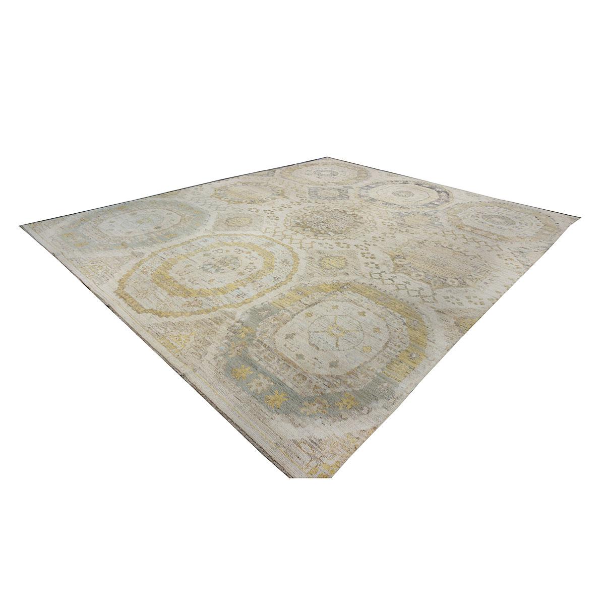 Contemporary 21st Century Turkish Oushak 13x15 Ivory, Olive Green, & Slate Blue Handmade Rug For Sale