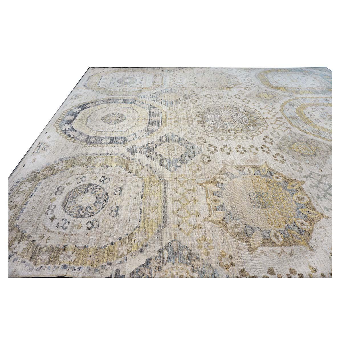 21st Century Turkish Oushak 13x15 Ivory, Olive Green, & Slate Blue Handmade Rug For Sale 1