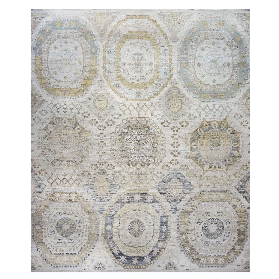 Türkischer Oushak-Teppich des 21. Jahrhunderts 13x15 in Elfenbein, Olivgrün, & Schieferblau, handgefertigt