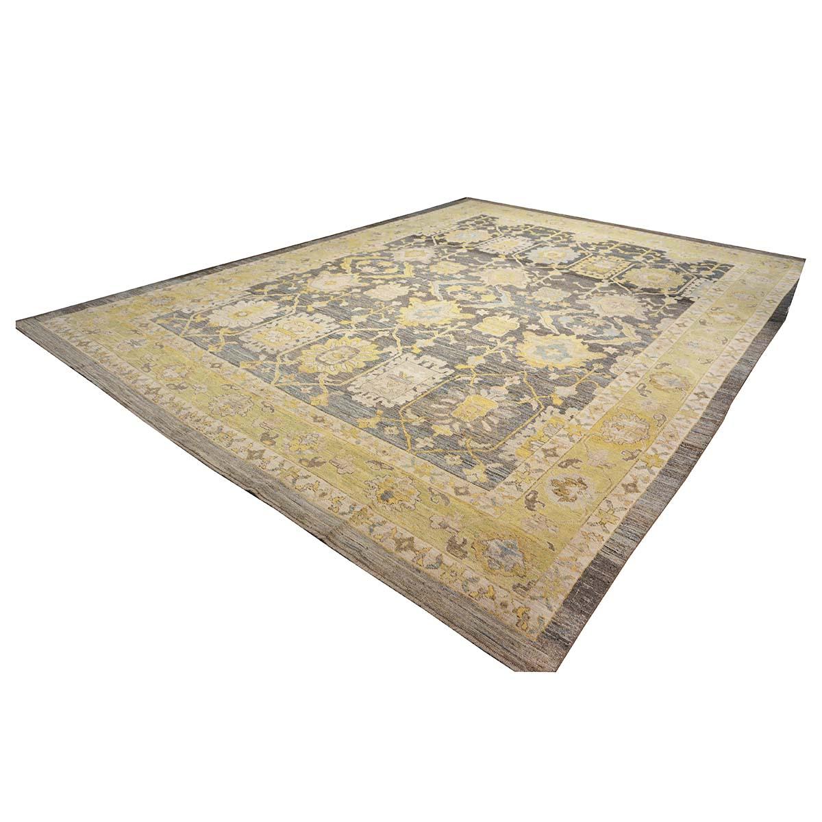 Siglo XXI Alfombra turca Oushak 14X20 Azul pizarra, gris y marfil hecha a mano Turco en venta