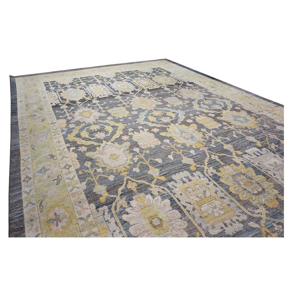 Siglo XXI Alfombra turca Oushak 14X20 Azul pizarra, gris y marfil hecha a mano Tejido a mano en venta