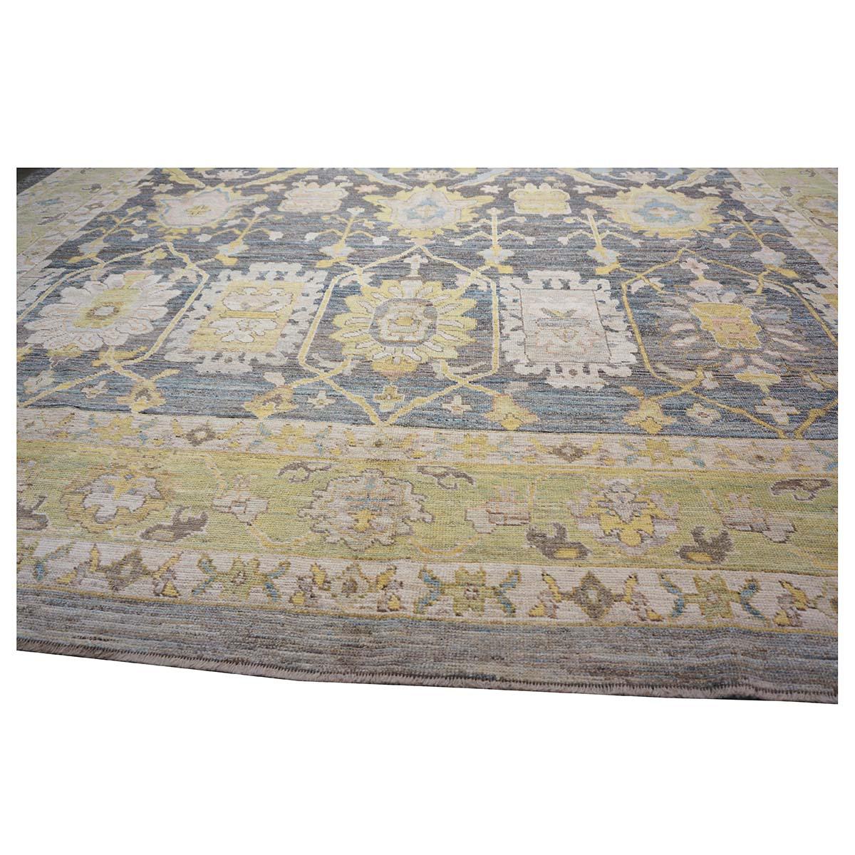 Siglo XXI Alfombra turca Oushak 14X20 Azul pizarra, gris y marfil hecha a mano en Excelente estado para la venta en Houston, TX