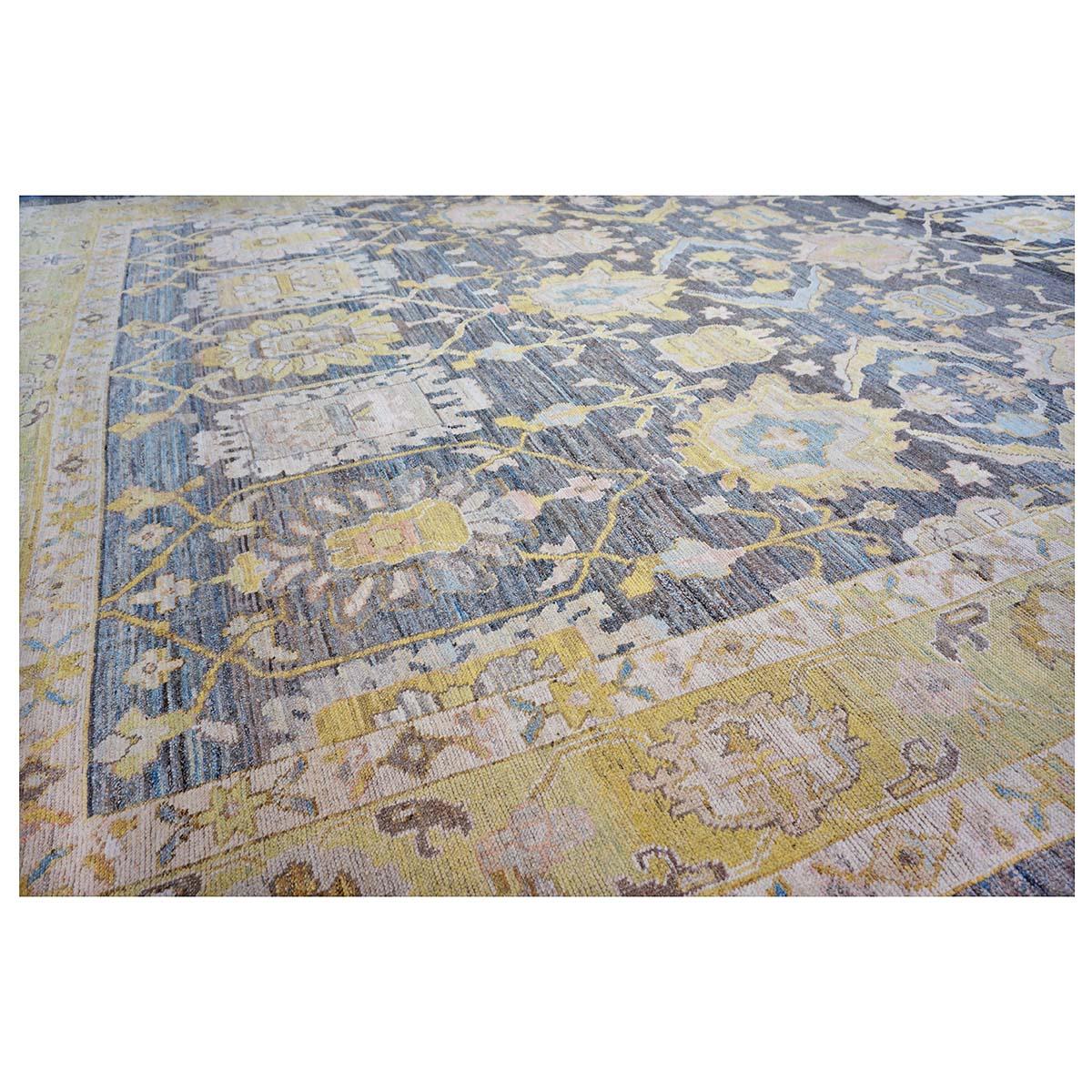 Siglo XXI Alfombra turca Oushak 14X20 Azul pizarra, gris y marfil hecha a mano Siglo XXI y contemporáneo en venta