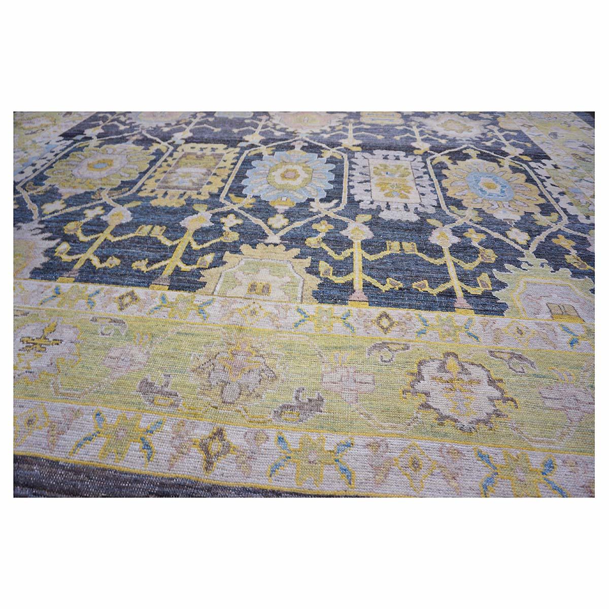 Siglo XXI Alfombra turca Oushak 14X20 Azul pizarra, gris y marfil hecha a mano Lana en venta
