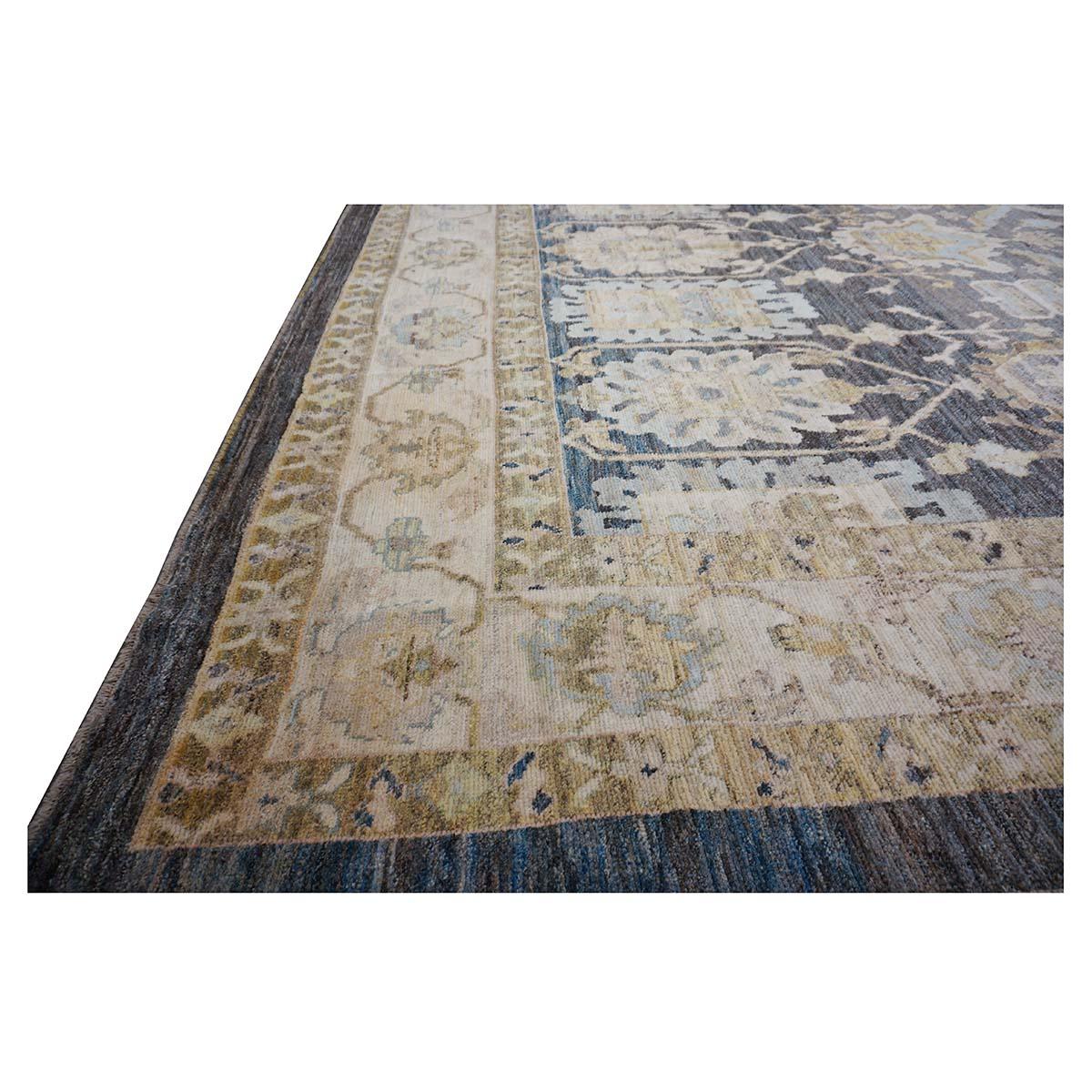 Siglo XXI Alfombra Turca Oushak 15x20 Carbón, Marfil y Verde Oliva Hecha a Mano en venta 3