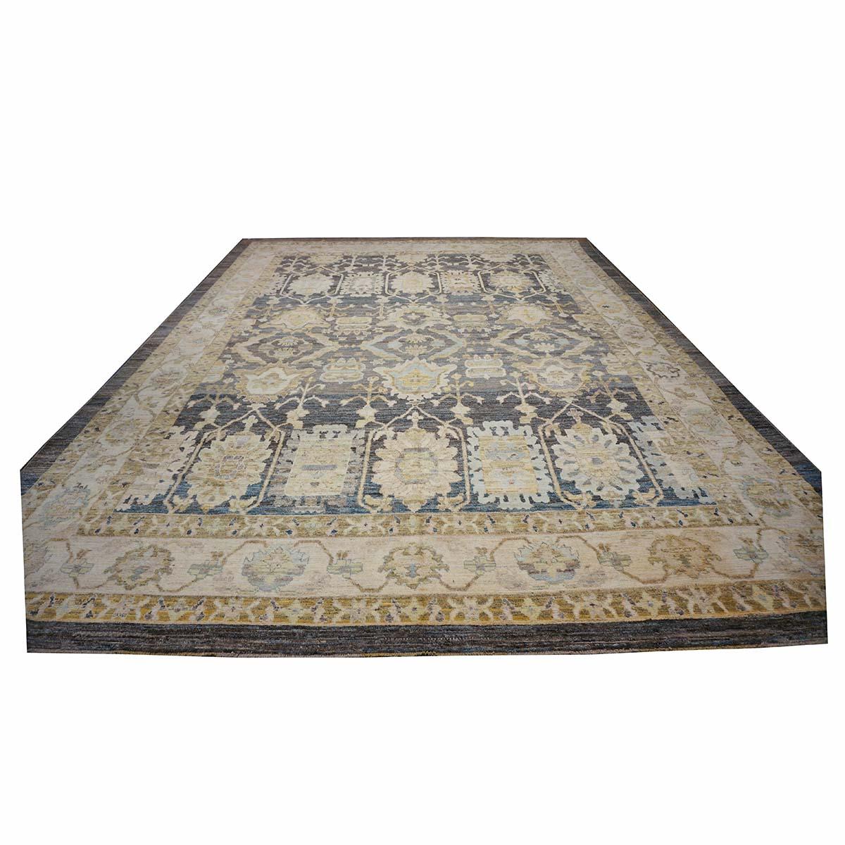 Siglo XXI Alfombra Turca Oushak 15x20 Carbón, Marfil y Verde Oliva Hecha a Mano Turco en venta