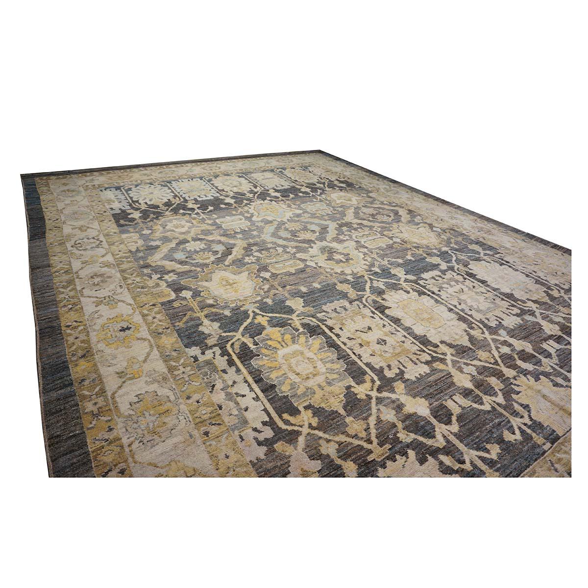 Siglo XXI Alfombra Turca Oushak 15x20 Carbón, Marfil y Verde Oliva Hecha a Mano Tejido a mano en venta