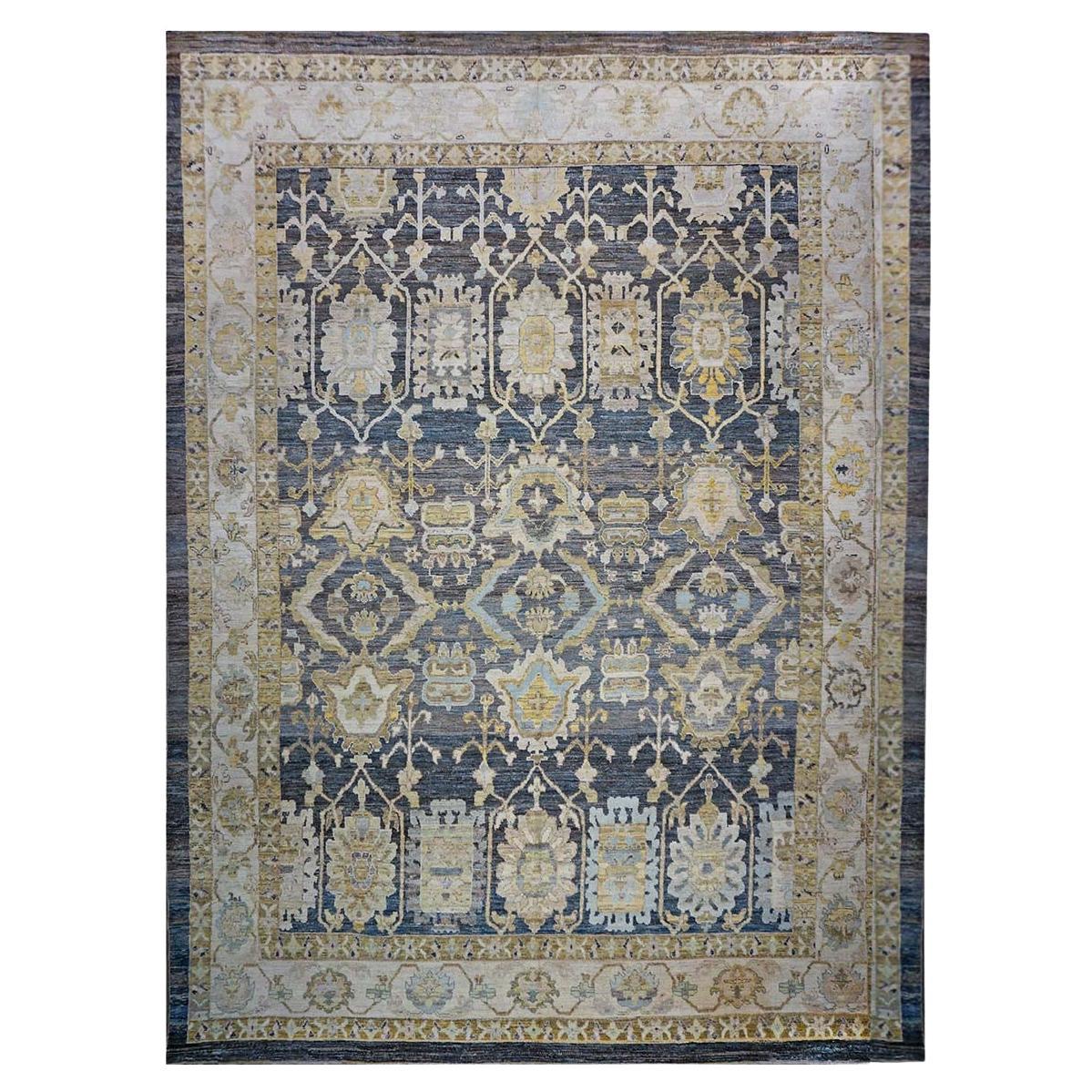 Siglo XXI Alfombra Turca Oushak 15x20 Carbón, Marfil y Verde Oliva Hecha a Mano en venta
