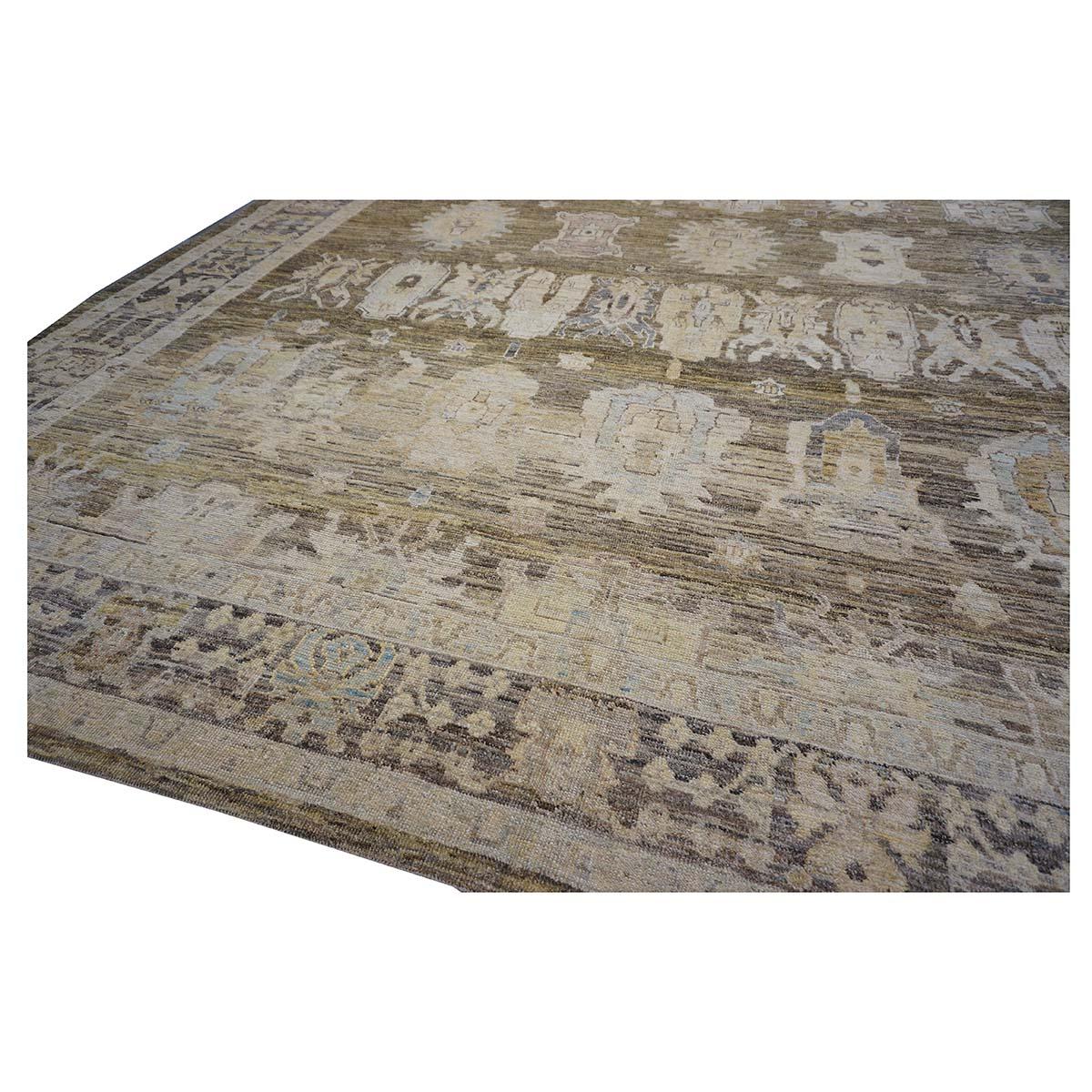 21st Century Turkish Oushak 15x23 Brown, Charcoal & Ivory Handmade Oversized Rug In Good Condition For Sale In Houston, TX
