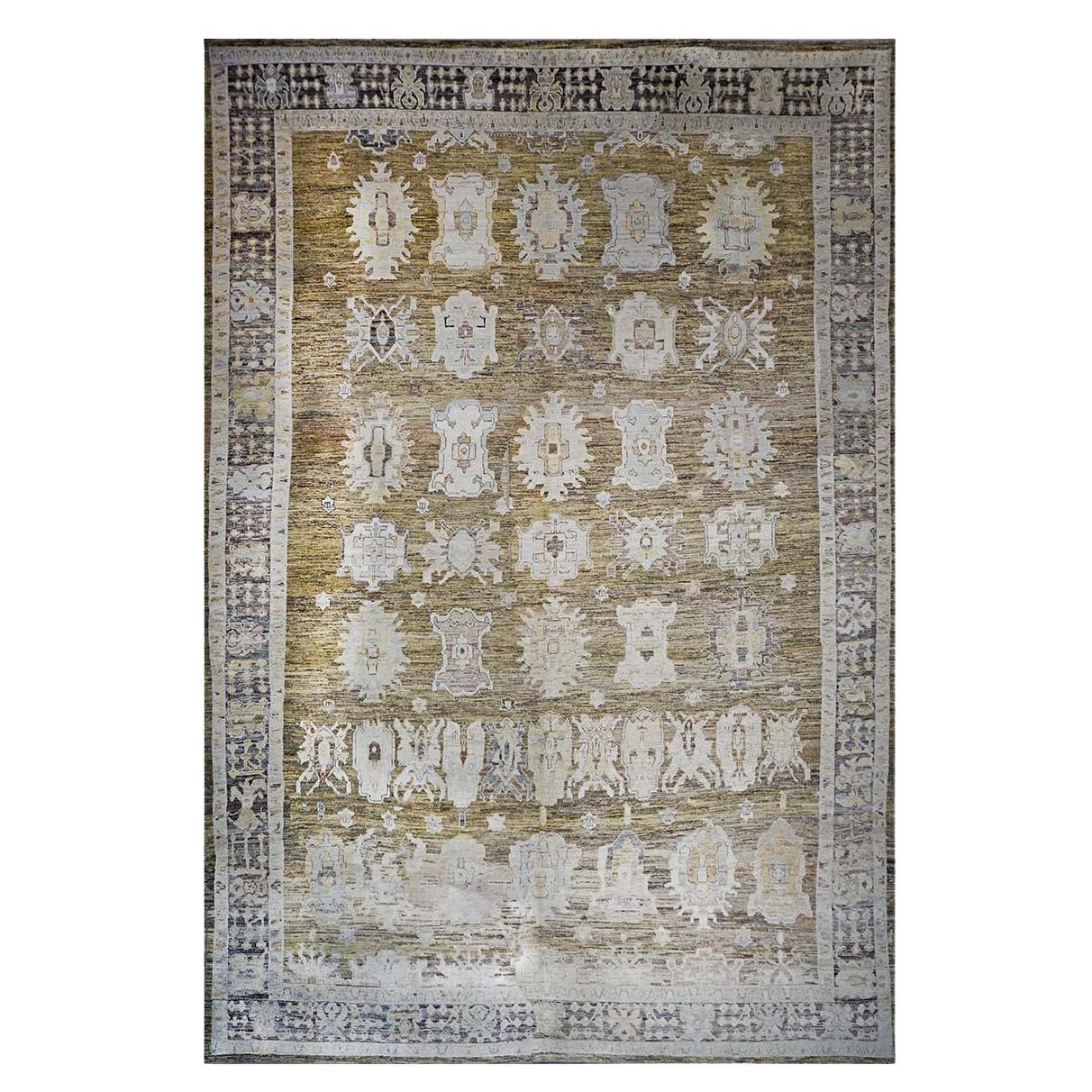 21st Century Turkish Oushak 15x23 Brown, Charcoal & Ivory Handmade Oversized Rug For Sale
