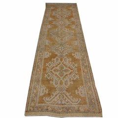 Antique Turkish Oushak 3X11 Golden Beige & Khaki Handmade Runner Rug