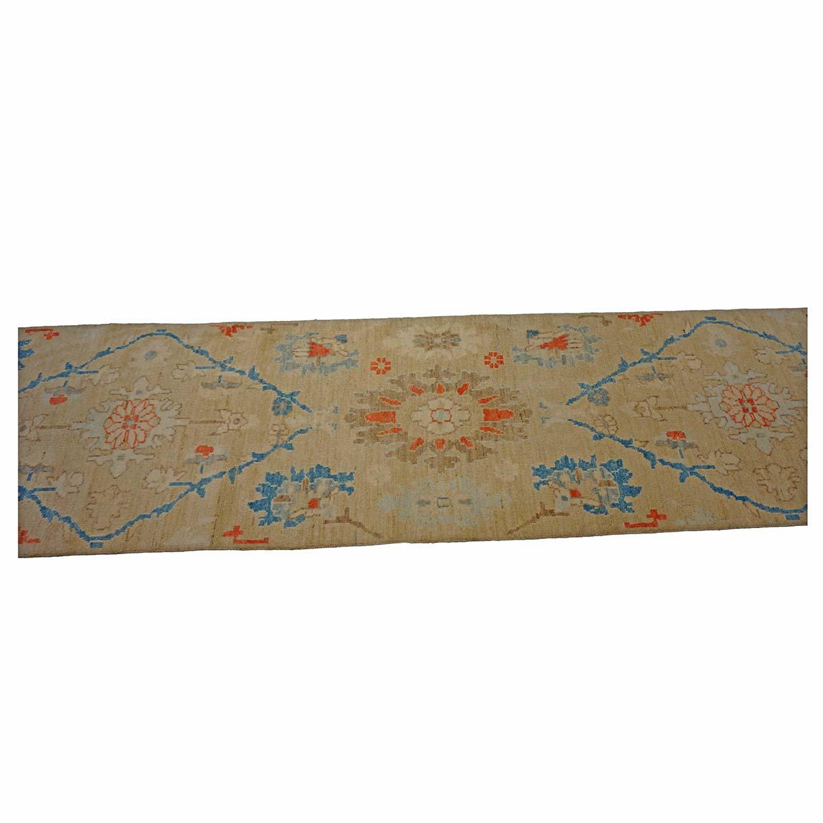 21st Century Turkish Oushak 3X12 Schieferblau, Elfenbein & Orange Handmade Läufer Teppich im Zustand „Hervorragend“ im Angebot in Houston, TX