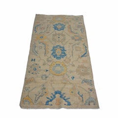 21st Century Turkish Oushak Wool 3X6 Ivory & Slate Blue Handmade Runner Rug