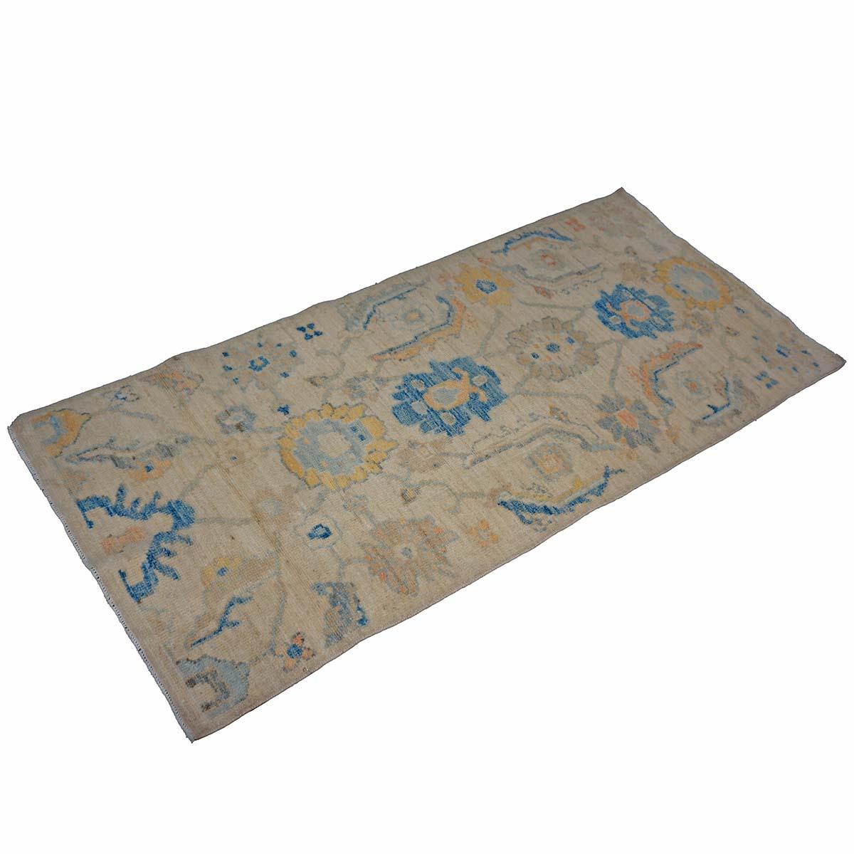 21. Jahrhundert Türkisch Oushak 3X6 Gold, Elfenbein & Schiefer Blau Handmade Läufer Teppich im Zustand „Hervorragend“ im Angebot in Houston, TX