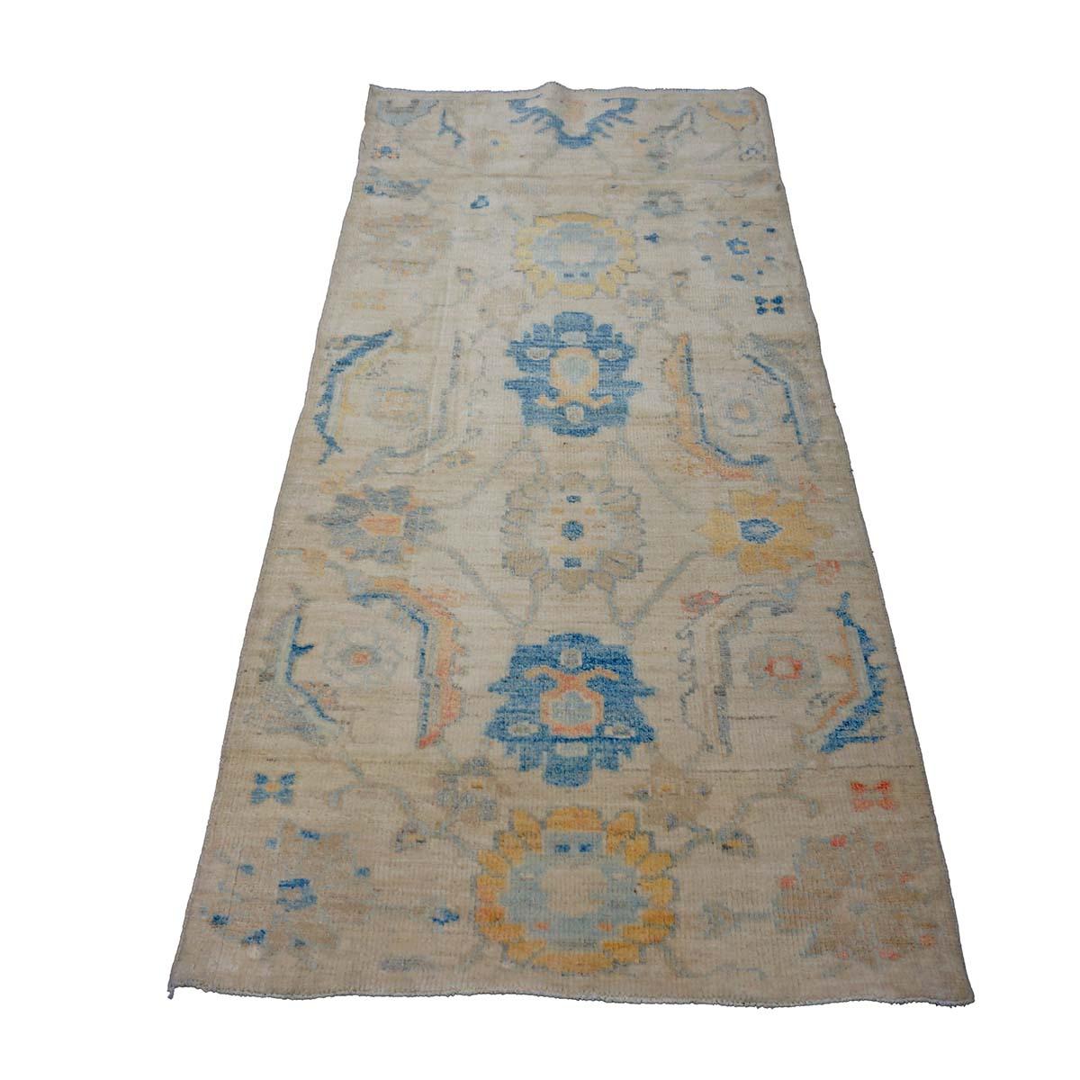 21. Jahrhundert Türkisch Oushak 3X6 Gold, Elfenbein & Schiefer Blau Handmade Läufer Teppich (21. Jahrhundert und zeitgenössisch) im Angebot
